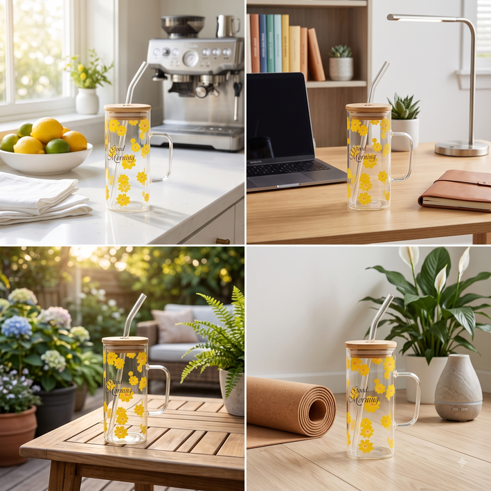 Premium Aesthetic "Good Morning" Daisy Printed Glass Tumbler with Bamboo Lid & Straw - Iced Coffee Mug