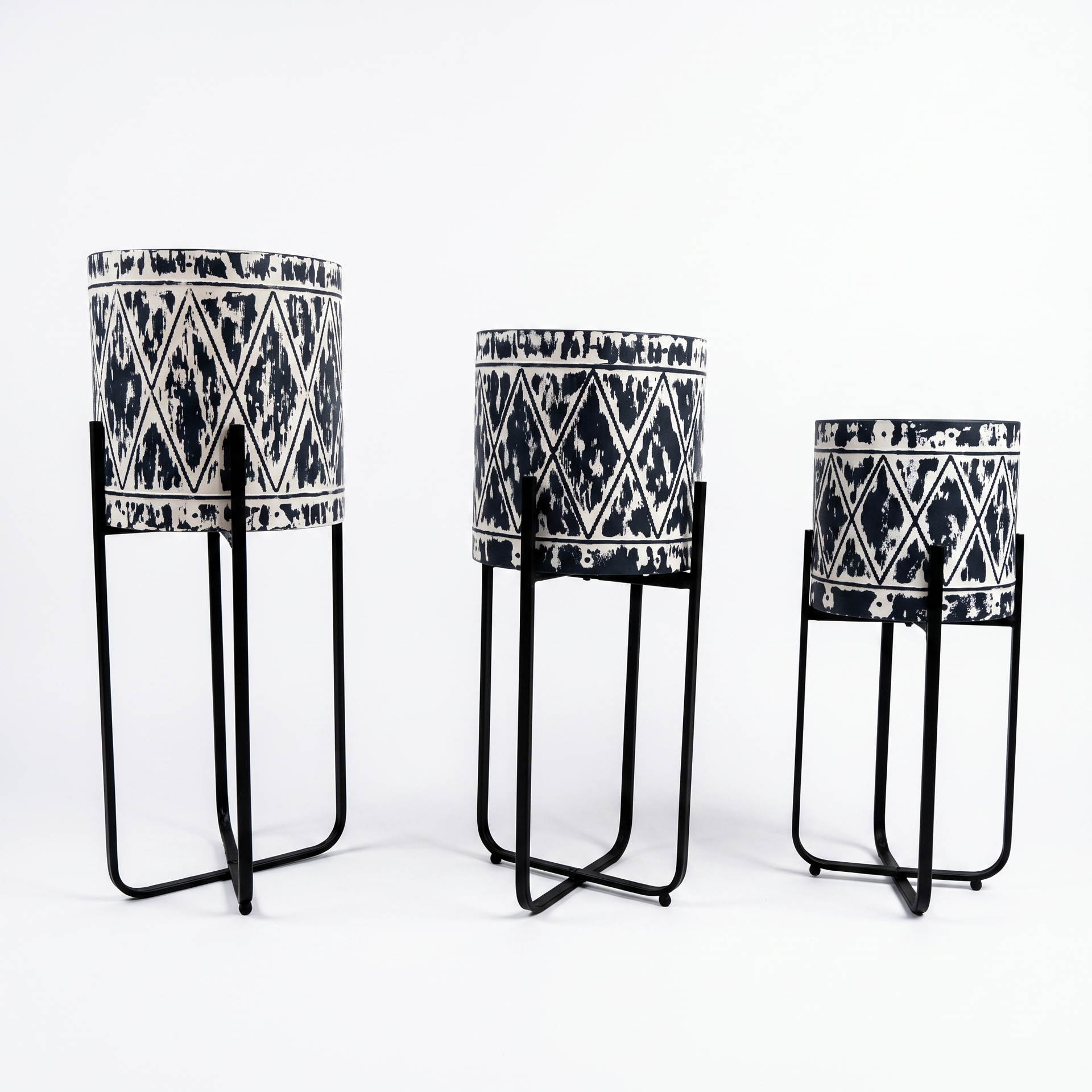 Premium Set of 3 Modern Decorative Planter Stands with Black & White Printed Pots