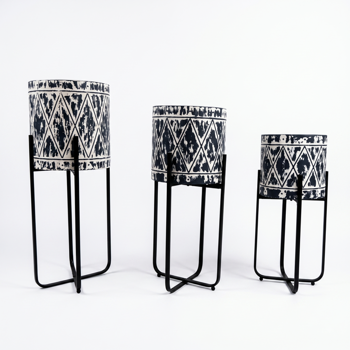 Premium Set of 3 Modern Decorative Planter Stands with Black & White Printed Pots