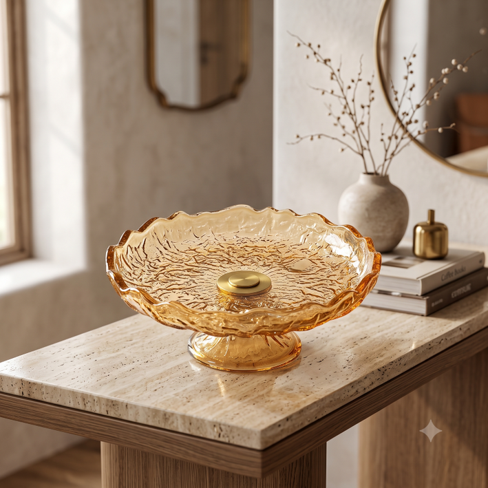 Anupam Premium Amber Textured Glass Decorative Bowl with Golden Accent | Elegant Serving & Home Décor Bowl