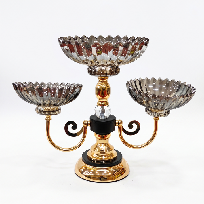 Premium 3-Bowl Gold Serving Stand with Smoky Grey Glass - Royal Centerpiece & Dry Fruit Platter