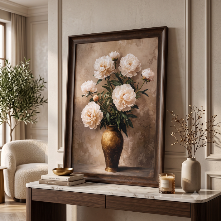 Anupam Premium White Peony Floral Metal Framed Wall Painting – 18 x 26 Inch Premium Botanical Wall Art for Living Room & Home Decor