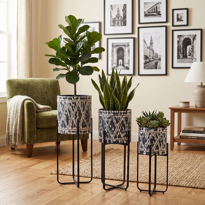 Premium Set of 3 Modern Decorative Planter Stands with Black & White Printed Pots