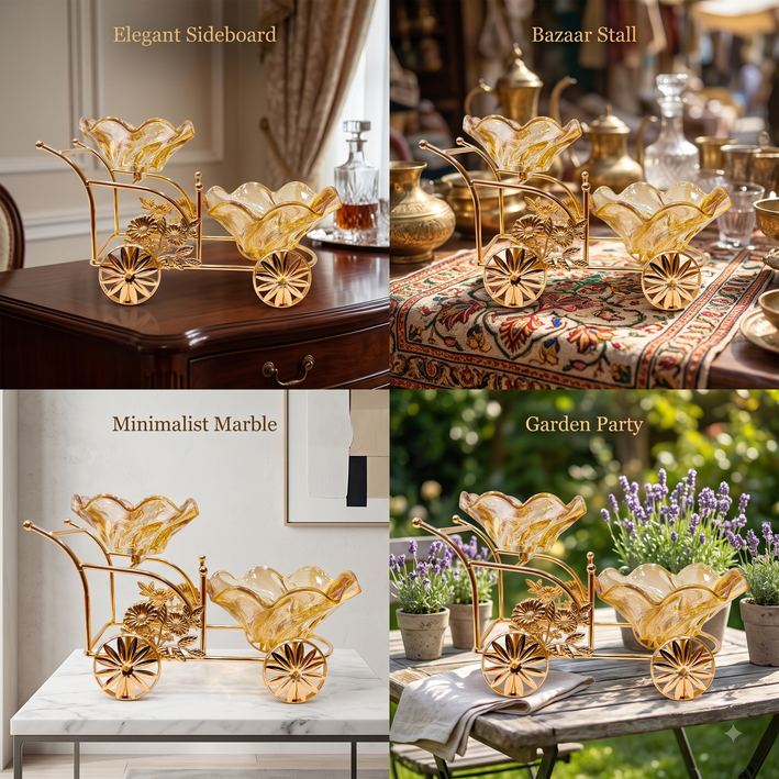 Premium Decorative Gold-Tone Metal Wheelbarrow Fruit and Candy Server