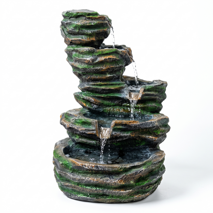 Premium Large Multi-Tier Rocky Cascade Water Fountain – Green & Stone Finish Decorative Fountain