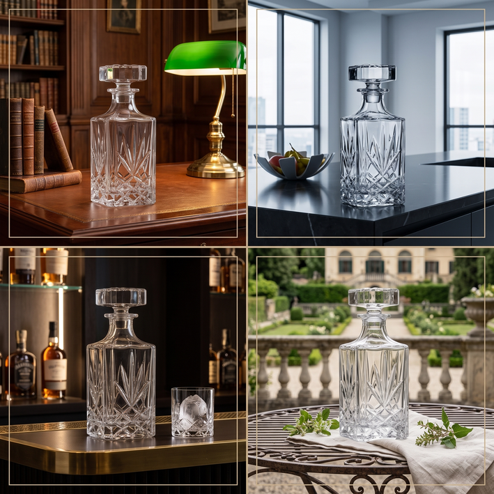 Premium Sunburst Crystal Glass Whiskey Decanter - Square Liquor Bottle with Stopper