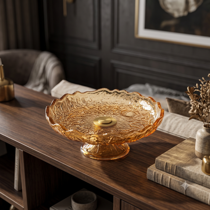 Anupam Premium Amber Textured Glass Decorative Bowl with Golden Accent | Elegant Serving & Home Décor Bowl