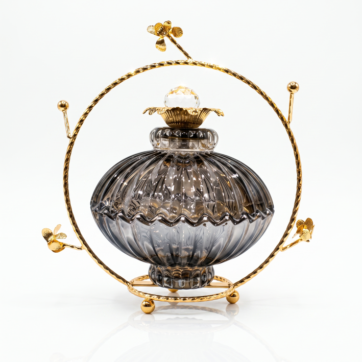Premium Vintage-Style Smoky Ribbed Glass Perfume Bottle with Ornate Gold Frame