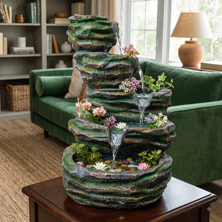 Premium Large Multi-Tier Rocky Cascade Water Fountain – Green & Stone Finish Decorative Fountain