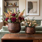 Premium Set of 2 Copper Finish Decorative Metal Planters with Stand – Hammered Design