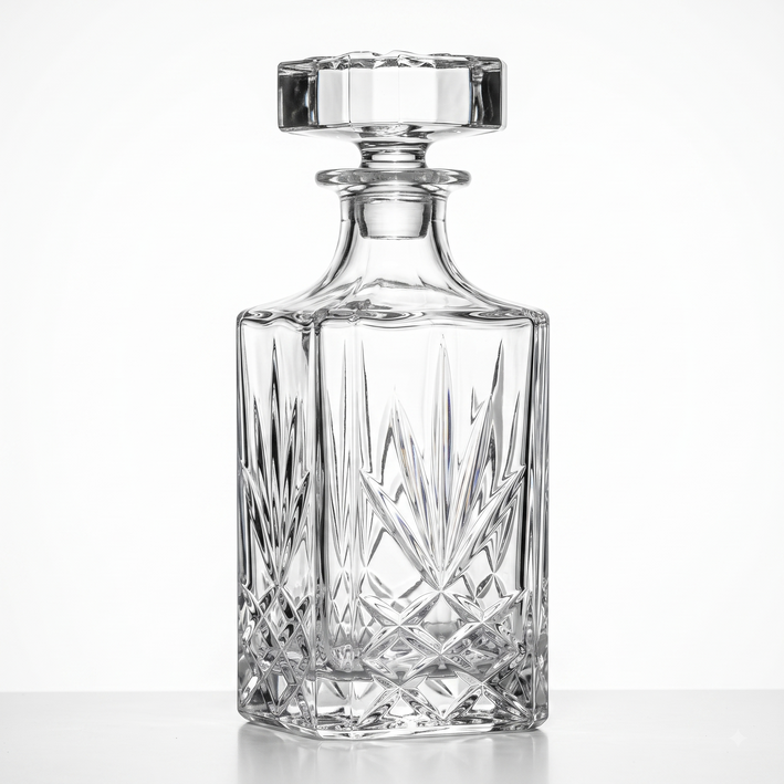 Premium Sunburst Crystal Glass Whiskey Decanter - Square Liquor Bottle with Stopper