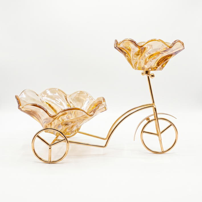 Premium Elegant Gold Tricycle Serving Stand with Twin Amber Glass Bowls - Decorative Centerpiece & Dry Fruit Server