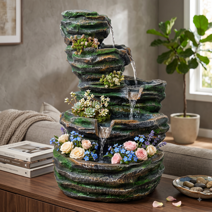 Premium Multi-Tier Rocky Cascade Water Fountain – Green & Stone Finish Decorative Waterfall