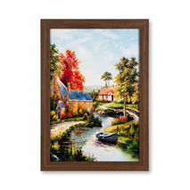 Anupam Premium Scenic Countryside Cottage & River Wooden Framed Wall Painting – 18 x 26 Inch Premium Landscape Wall Art for Home & Office Decor