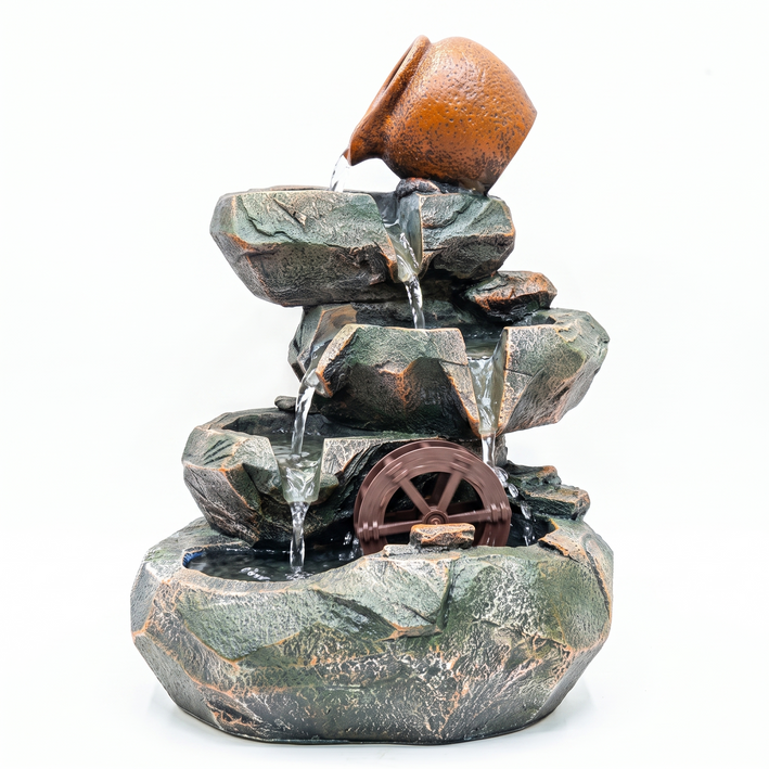 Premium Rustic Rock Cascade Water Fountain with Decorative Water Wheel – Home & Garden Décor