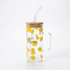 Premium Aesthetic "Good Morning" Daisy Printed Glass Tumbler with Bamboo Lid & Straw - Iced Coffee Mug