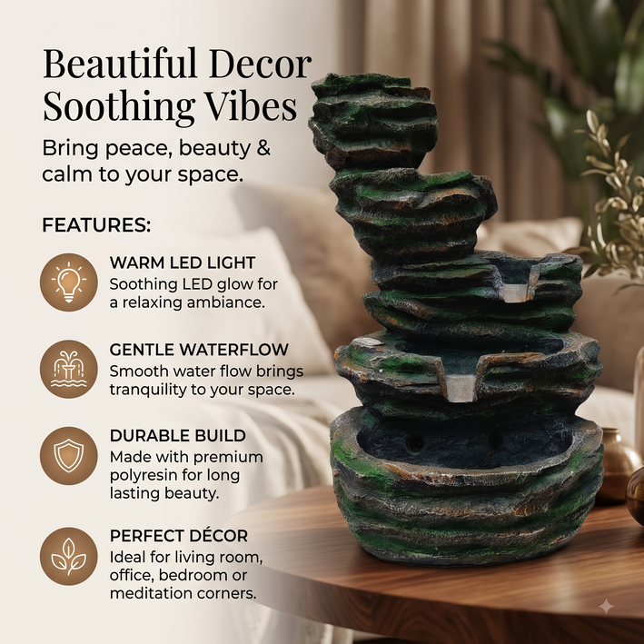 Premium Multi-Tier Rocky Cascade Water Fountain – Green & Stone Finish Decorative Waterfall
