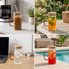 Premium Aesthetic Glass Tumbler Cup with Amber Handle, Bamboo Lid & Straw - Iced Coffee Mug