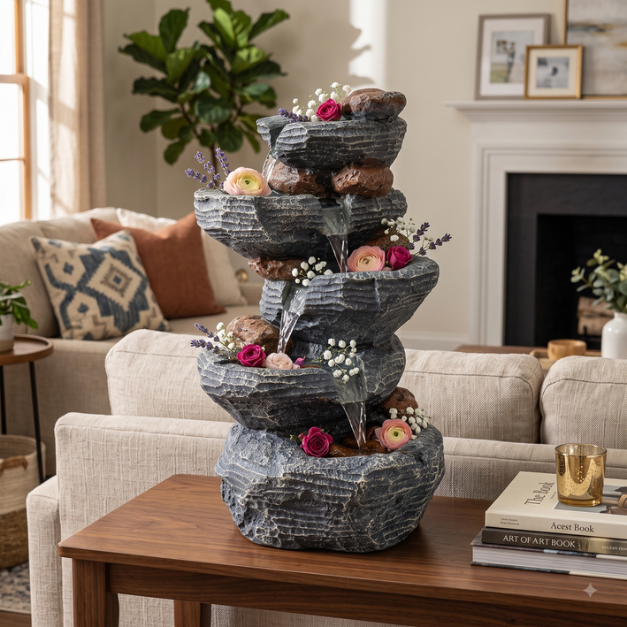 Rustic Stone Cascade Water Fountain – Multi-Level Tabletop & Home Décor Fountain