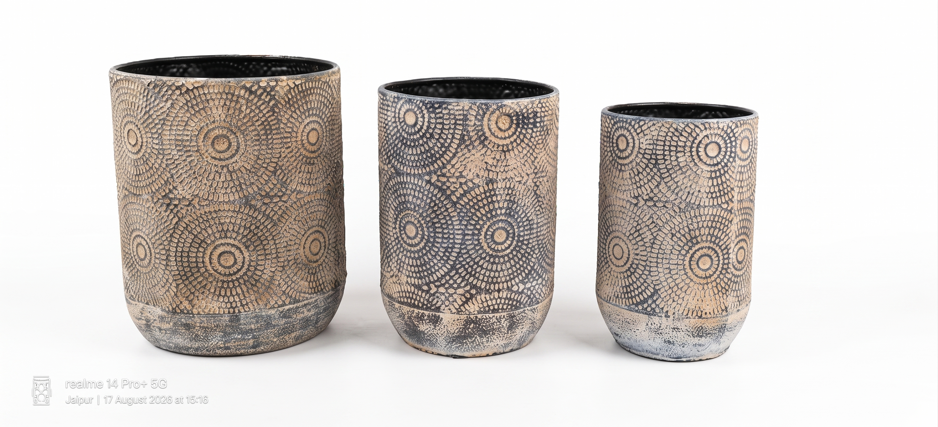 Premium Set of 3 Decorative Metal Planters – Beige & Black Mandala Pattern, Vintage Style