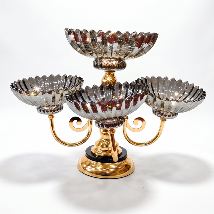 Premium 4-Bowl Gold Serving Stand with Smoky Grey Glass - Royal Centerpiece & Dry Fruit Platter
