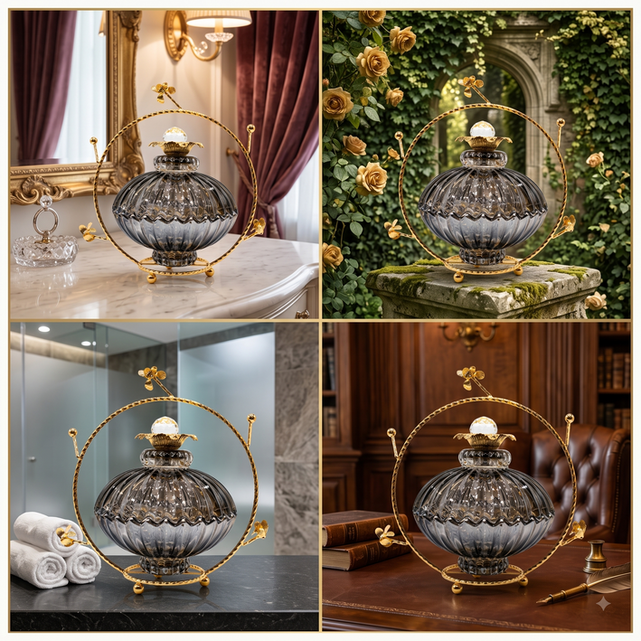 Premium Vintage-Style Smoky Ribbed Glass Perfume Bottle with Ornate Gold Frame
