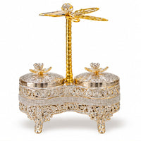 Anupam Luxury Silver & Gold 2-Bowl Dry Fruit Serving Set with Floral Lids, Dragonfly Handle and Decorative Stand for Home & Gifting