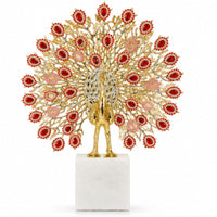 Anupam Luxury Golden Peacock Decorative Showpiece with Red and Pink Stone Detailing and White Marble Look Base for Home and Office Decor