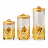 Anupam Premium Glass Storage Jar Set of 3 with Wooden Lids and Golden Decorative Stand for Dry Fruits, Snacks and Kitchen Decor