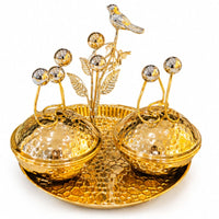 Anupam Luxury Golden Decorative Dry Fruit Serving Bowl Set with Tray, Crystal Ball Detailing and Bird Accent for Home Decor and Gifting