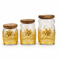 Anupam Luxury Glass Storage Jar Set of 3 with Wooden Lids and Golden Decorative Stand for Dry Fruits, Snacks and Kitchen Decor