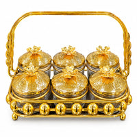 Anupam Luxury Golden 6-Piece Dry Fruit Jar Set with Decorative Lids, Metal Stand and Carry Handle for Home and Premium Gifting