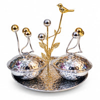 Anupam Luxury Silver & Gold Decorative Dry Fruit Serving Bowl Set with Tray, Bird Accent and Crystal Ball Detailing for Home and Gifting