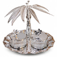 Anupam Luxury Silver Palm Tree Dry Fruit Serving Bowl Set with Floral Lid Detailing and Decorative Tray for Home and Premium Gifting
