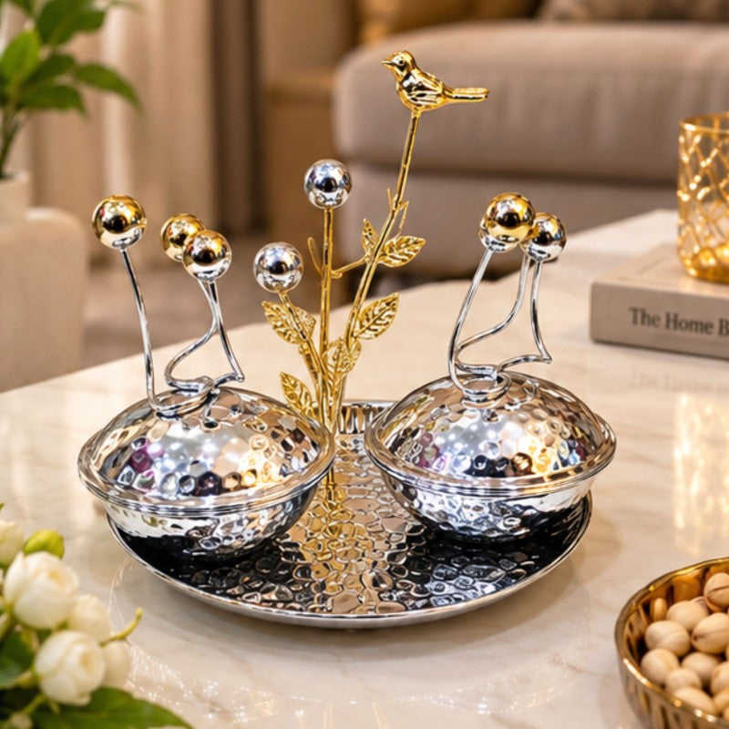 Anupam Luxury Silver & Gold Decorative Dry Fruit Serving Bowl Set with Tray, Bird Accent and Crystal Ball Detailing for Home and Gifting
