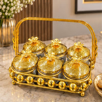 Anupam Luxury Golden 6-Piece Dry Fruit Jar Set with Decorative Lids, Metal Stand and Carry Handle for Home and Premium Gifting