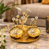 Anupam Luxury Golden Decorative Dry Fruit Serving Bowl Set with Tray, Crystal Ball Detailing and Bird Accent for Home Decor and Gifting