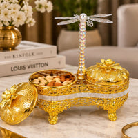 Anupam Luxury Golden 2-Bowl Dry Fruit Serving Set with Floral Lids, Crystal Dragonfly Handle and Decorative Stand for Home & Gifting