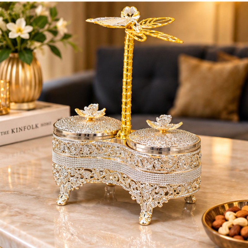 Anupam Luxury Silver & Gold 2-Bowl Dry Fruit Serving Set with Floral Lids, Dragonfly Handle and Decorative Stand for Home & Gifting