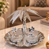 Anupam Luxury Silver Palm Tree Dry Fruit Serving Bowl Set with Floral Lid Detailing and Decorative Tray for Home and Premium Gifting