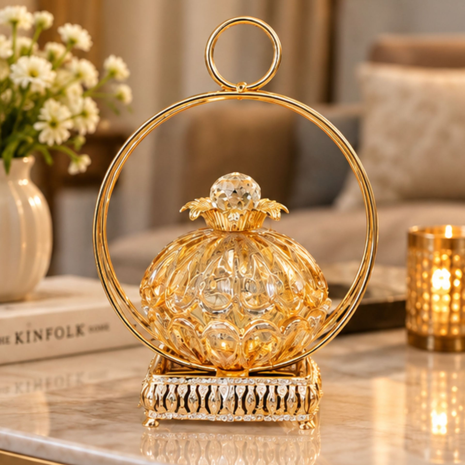 Anupam Premium Luxury Golden Crystal Decorative Jar with Ring Stand | Elegant Tabletop Showpiece & Gift Items