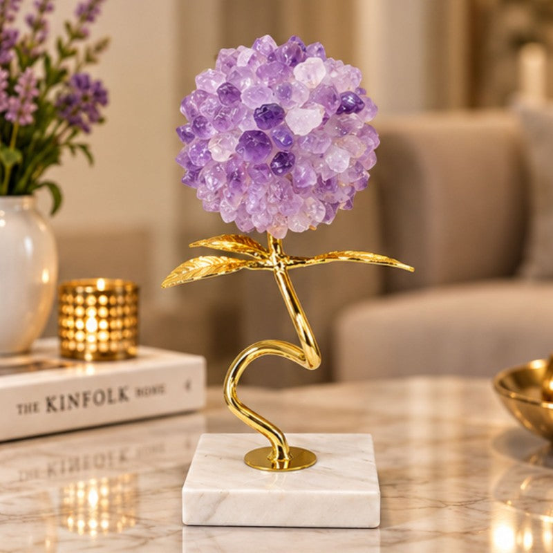Anupam Premium Purple Crystal Flower Showpiece with Golden Stem & Marble Base Home Decor Gift Items - Pack of 1