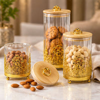 Anupam Premium Glass Storage Jar Set of 3 with Wooden Lids and Golden Decorative Stand for Dry Fruits, Snacks and Kitchen Decor
