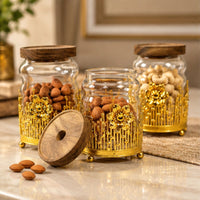 Anupam Luxury Glass Storage Jar Set of 3 with Wooden Lids and Golden Decorative Stand for Dry Fruits, Snacks and Kitchen Decor