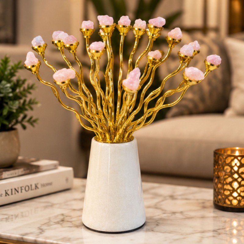 Anupam Luxury Golden Branch Crystal Flower Decorative Showpiece with Pink Stone Accents & White Base for Home and Office Decor