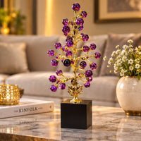 Anupam Luxury Golden Crystal Tree Showpiece with Purple Glass Ball Accents and Black Base for Home and Office Decor