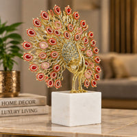 Anupam Luxury Golden Peacock Decorative Showpiece with Red and Pink Stone Detailing and White Marble Look Base for Home and Office Decor