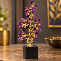 Anupam Luxury Golden Crystal Tree Showpiece with Purple Glass Ball Accents and Black Base for Home and Office Decor
