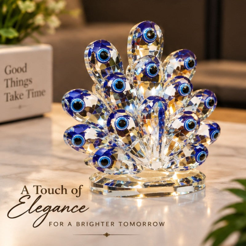 Anupam Luxury Crystal Peacock Decorative Showpiece with Blue Evil Eye Feather Detailing for Home, Office and Premium Gifting
