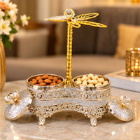 Anupam Luxury Silver & Gold 2-Bowl Dry Fruit Serving Set with Floral Lids, Dragonfly Handle and Decorative Stand for Home & Gifting